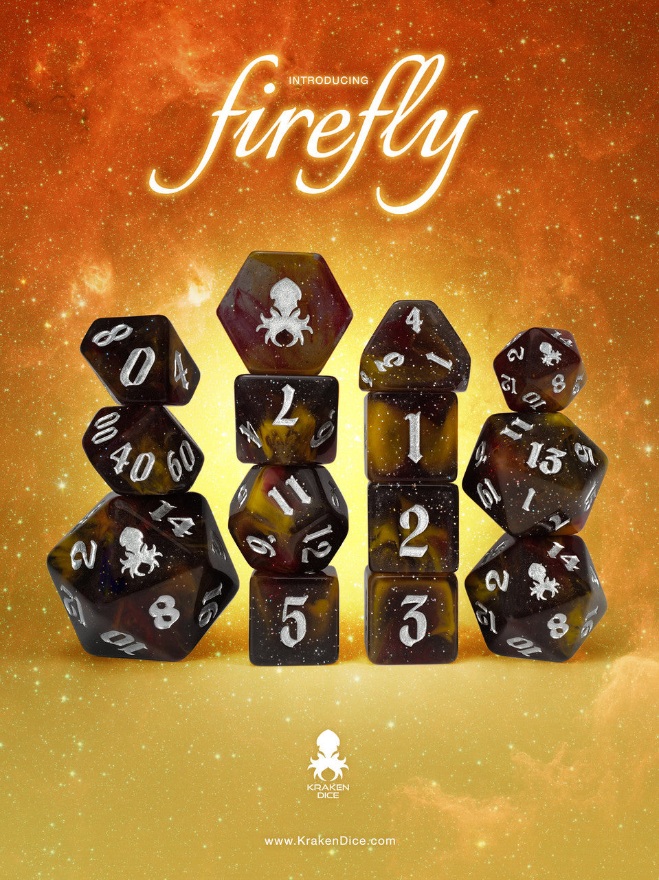 Firefly Heat Reactive 14pc Dice Set for TTRPGs inked in Silver